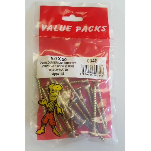 5.0 X 50 Pozi Csk Chipboard Screws Yellow 16 Per Pack 5.0 X 50 Pozi Csk Chipboard Screws Yellow 16 Per Pack